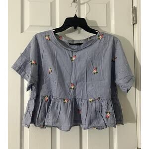 Zara Basic Collection Womens Blue Striped Babydoll Embroidered Cropped Top Sz L